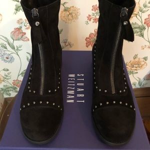 Stuart Weitzman black suede riveted zip 1” booties